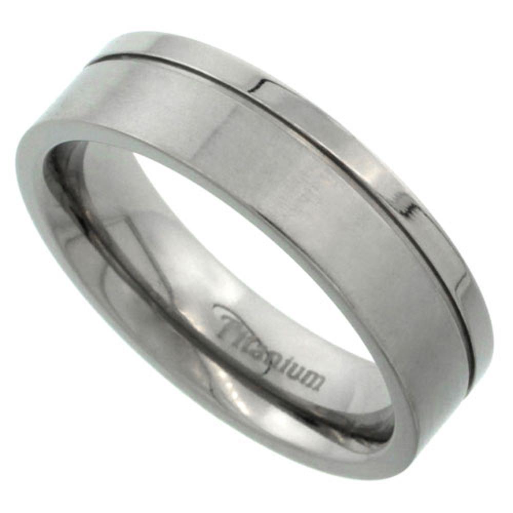6mm Titanium Wedding Band Ring, Satin Finish & One Polished Grooved Squared Edge