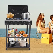 5-Burner Gas Stove Outdoor Camping Cooking BBQ Grill With 2-Tier Storage Rack