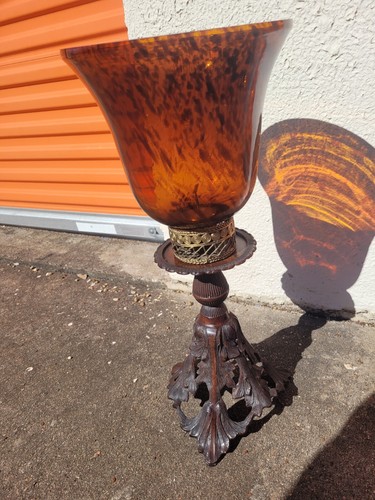 Large 23" Tall Amber Tortoise Shell Glass VASE/Candle Holder. HEAVY Brass BASE