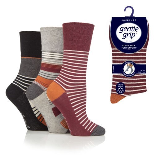 12 Pairs Ladies Gentle Grip Non Elastic Socks Sedimentary Stripes UK 4-8