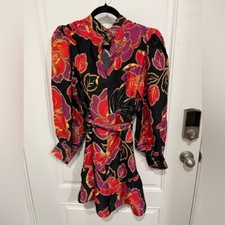 FARM Rio Black Shiny Chita Print with Bishop Sleeves