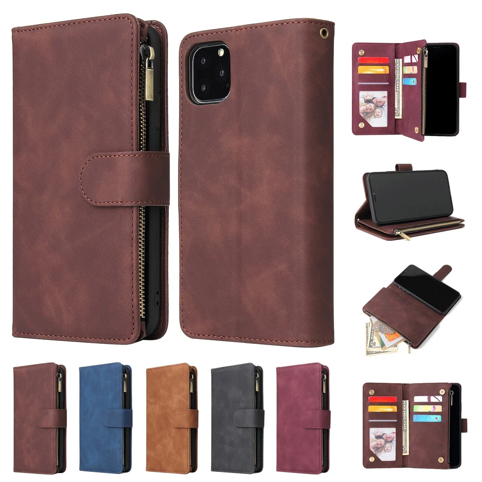 Funda tipo billetera de cuero con cremallera abatible para iPhone 13 14 15 Pro Max 12 11 7 8 XR Foto 2 de 4