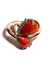 DK Teardrop Shaped Red Sponge Coral  Rhinestone Sterling Silver Ring Size 9