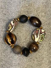 Handcrafted Wood  Polymer Clay Stretch Bracelet Multi Colored Beads Boho