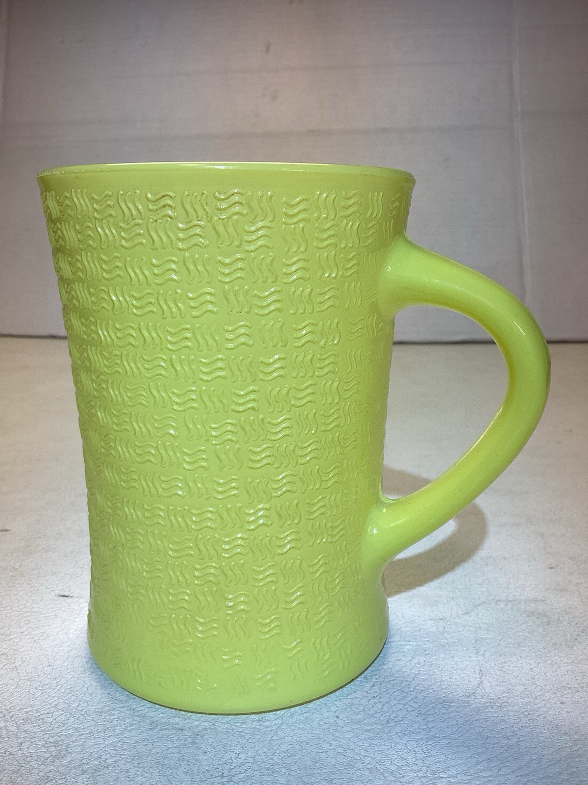 Set Of Six Glasbake  Milk Glass Basket Weave J-2277 Mugs In Pastel Colors