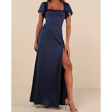 Lulus Ultimate Sweetness Navy Satin Flutter Sleeve Maxi Dress Square Neck XS