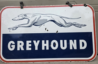 LARGE ORIGINAL VINTAGE DOUBLE SIDED 1950's GREYHOUND BUS STATION METAL SIGN