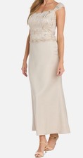 R M Richards Women's Beige Lace-Bodice Belted Gown Dress Size 16
