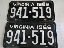 Vintage Pair 1966 Virginia License Plates 941-519 - Very Good Condition