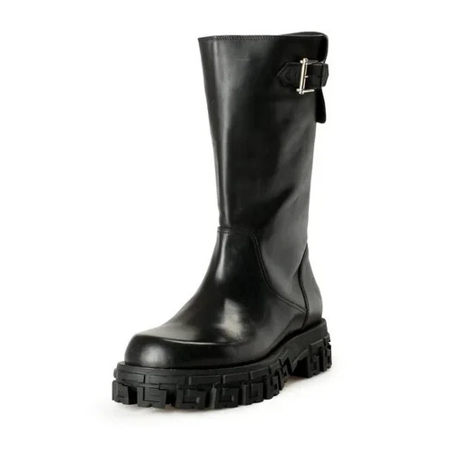 $1895 Designer VERSACE Men's Black Biker Leather Outsole Logo Buckle Ankle Boots - Picture 2 of 8