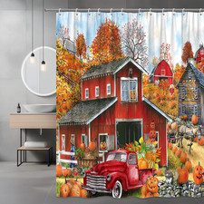 Fall Pumpkin Farm Shower Curtain Rustic Red Barn Autumn Harvest Bathroom Decor