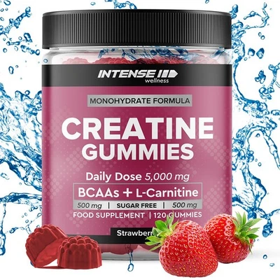 INTENSE WELLNESS 120 Creatine Monohydrate Gummies 5000mg, BCAAs, L-Carnitine, Sugar Free UK Made