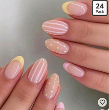 24 Pack Pink Yellow French Polka Dot Oval Press-On Nails Medium DY2478-B7