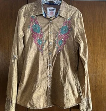 Roar Brown/Tan Button-Up Shirt Long Sleeve Roll Tab Blingy Embroidered Medium