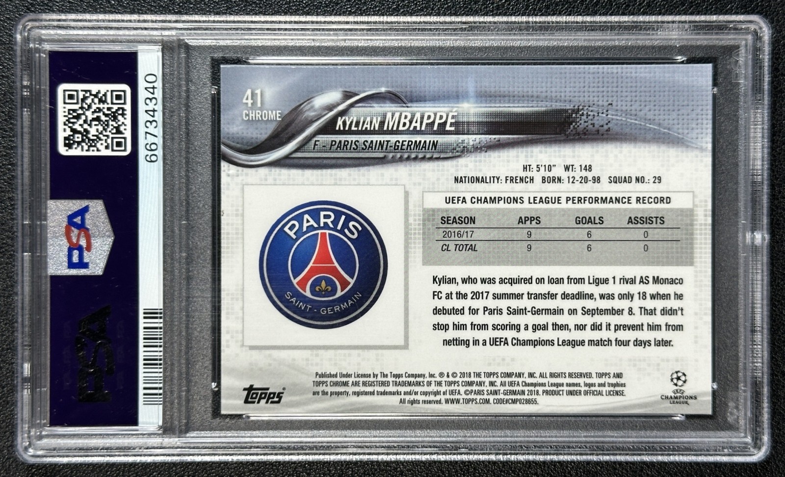 KYLIAN MBAPPE PSA 10 2017 TOPPS CHROME UCL #41 ROOKIE RC PSG 4340 view 2