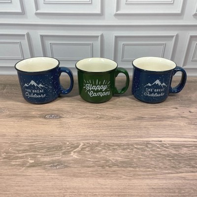 Set 3 Coffee Mugs ''The Great Outdoors'' ''Happy Camper'' Blue Green Ceramic 12oz