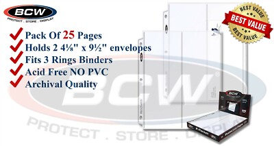 Lot of 25 BCW 2 Pocket Pages For #10 FDC / Envelopes Archival NO PVC For 3 Rings