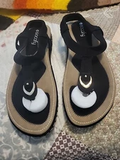 Socofy Thong Sling Back Sandal Shoes Womens 8 1/2 Black / Gold Accent Comfort A3