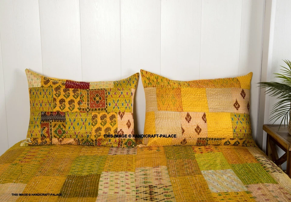 Yellow Silk Bedspread Kantha Quilt Reversible Silk Patchwork King Throw Decor - Image 4 of 4