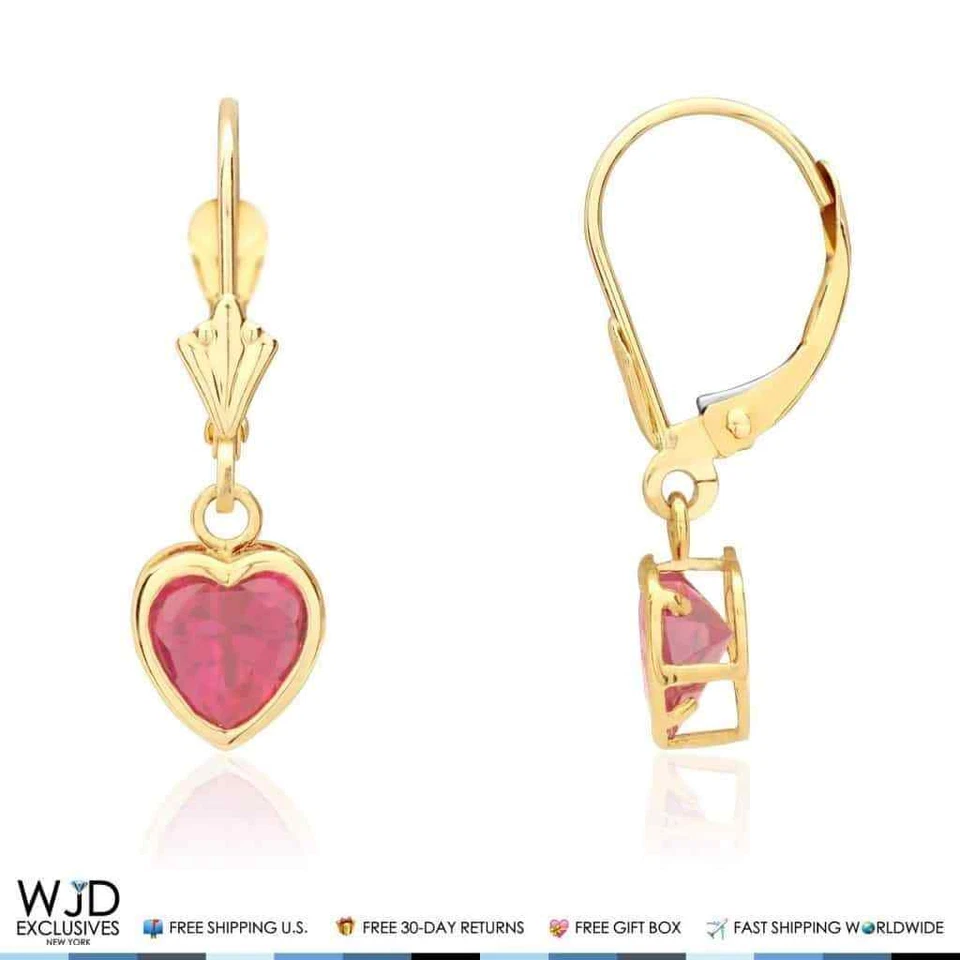 14K Yellow Gold Bezel Heart Dangle Leverback Earrings 1" with Ruby Gem Accent - Image 2 of 4
