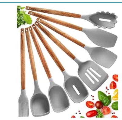 8er Set Silikon Küchenutensilien - Akazienholz - Antihaft Küchenutensilien ##