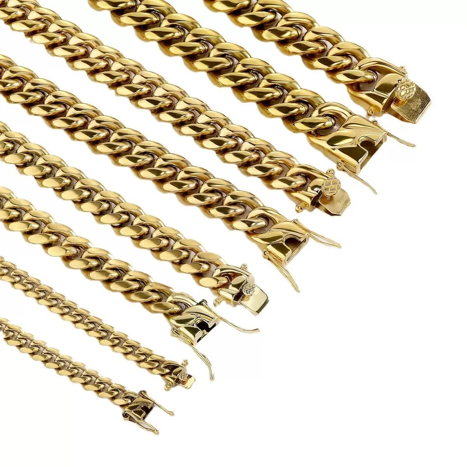 Collar pulsera de acero inoxidable chapado en oro de 14k cadena de eslabones cubanos Miami para hombre Foto 3 de 4