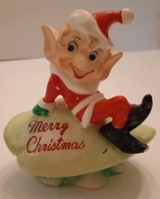 MCM 1950's Christmas Elf on Merry Christmas Mushroom 4"X4" Ceramic Collectible 