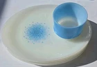 Set of 4 Vintage Anchor Hocking Fire King Blue Mosaic Milk Glass Snack Sets