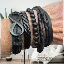 4 PC Unisex Leather  Bead Bracelets With Infinity Stackable Adjustable Tie New