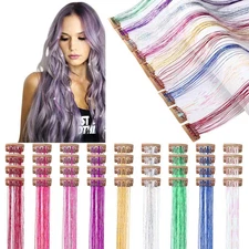 36 Pcs 19.7 Inch Clip In Hair Tinsel Fairy Hair Tinsel Kit Clips Clip On Glitter