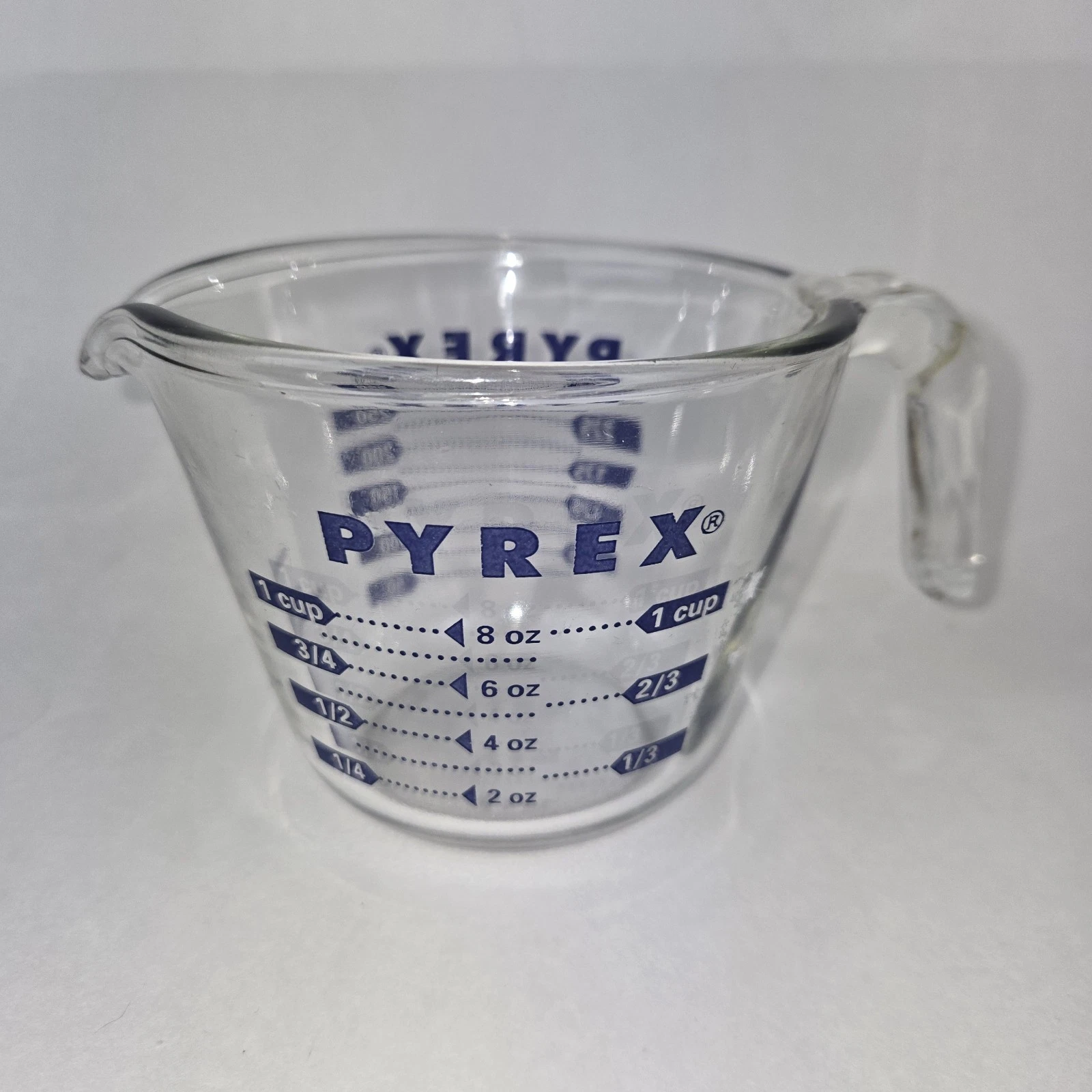 Blue Print Vintage PYREX Glass One Cup Measuring Cup With Handle Made In USA