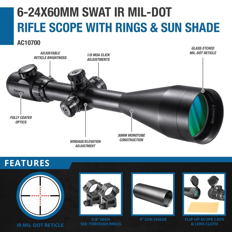 Barska 6-24x60 Swat Riflescope Mil-Dot IR Reticle Weaver Rings Mount AC10700
