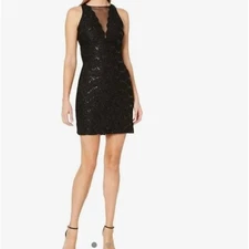 NW Nightway Black Glitter Cocktail Dress Size 6 Sleeveless Mini Party Dress