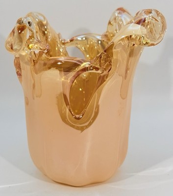 Murano white crystal art glass vase with amber/peach splash rim