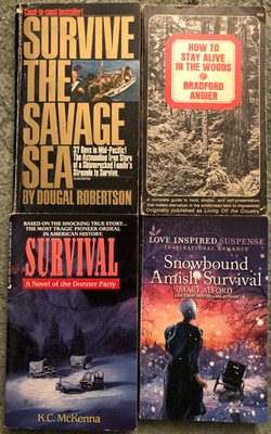 Books on Survival, lot of 4, Sea & Woods, Snowbound Amish Survival, Donner Party