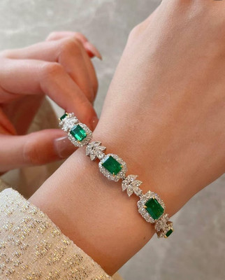 20 Ctw Emerald Cut Lab-Created Green Emerald Halo Bracelet 14K White Gold Plated
