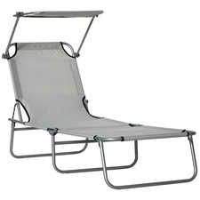 Folding Sun Lounger Chair w/ Sunshade Garden Recliner Hammock Grey Outdoor