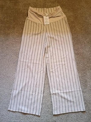 H&M Mama Maternity Pants Womens Medium Striped Wide Leg Stretch Beige