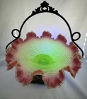 Uranium Opalescent Cranberry Bride’s Basket with Silverplated Ornate Holder