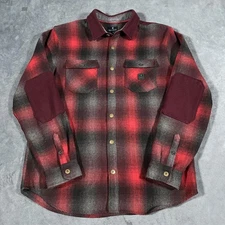 Roark Revival Shirt Mens Large Red Black Plaid Flannel Wool Blend Elbow Patches