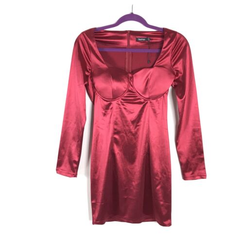 NWOT Boohoo Womens Square Neck Party Dress Plum Red Sz US 6 Stretch Fitted