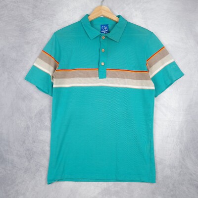 Vintage OP Ocean Pacific Polo Mens Medium Teal Green Retro Striped