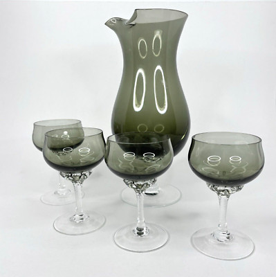 Sasaki Crystal Coronation Glass Cocktail Pitcher Smoky Gray & 4 Cordial Glasses