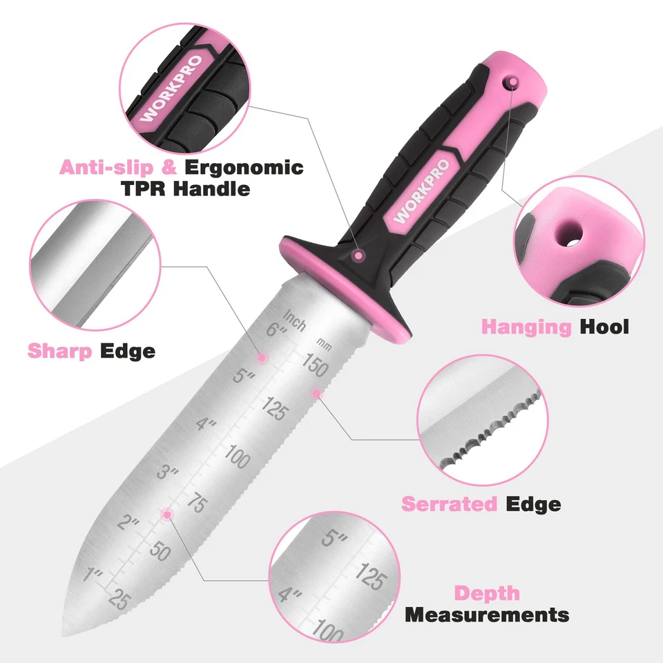 WORKPRO Hori Hori Garden Knife 7"Stainless Steel Blades Oxford Sheath Green/Pink - Image 4 of 4