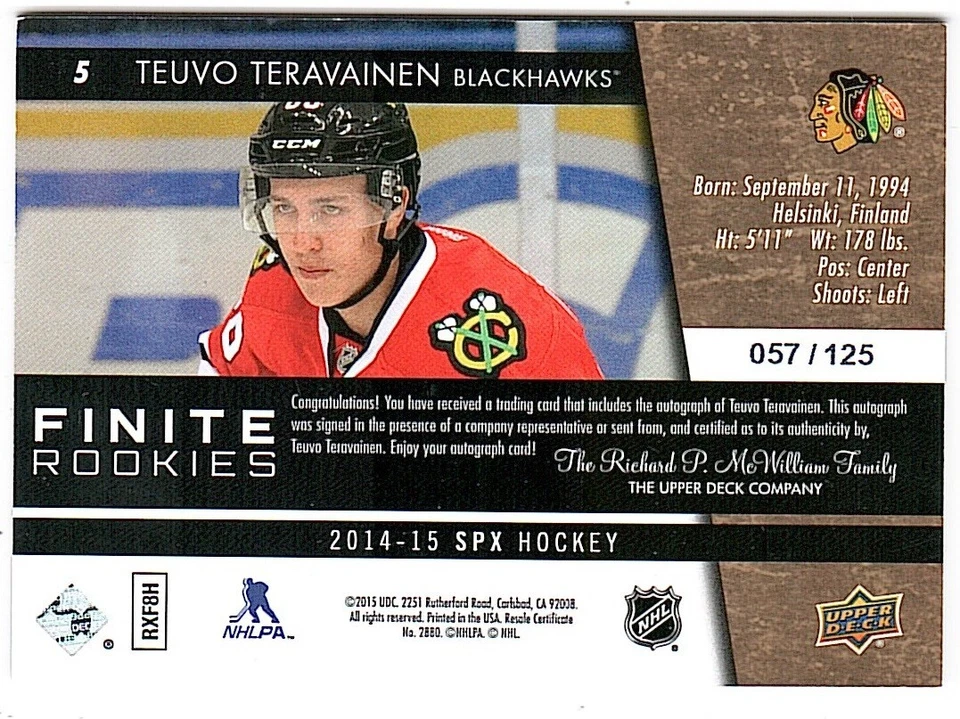 2014-15 SPx Finite Rookies Autograph #5 Teuvo Teravainen Rookie Auto #57/125 - Image 2 of 2