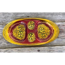 Vintage small Toleware Floral Tidbit relish tray Red Gold