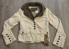 BB Dakota Faux Fur Trim Button Up Wide Sleeves Beige Jacket Women’s Large NWT