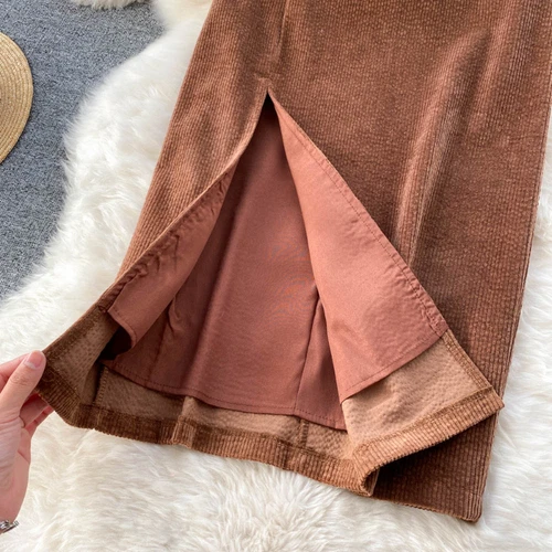 Women Midi Corduroy Skirt A-line Pencil Side Slit with Belt Retro Casual Dress - Bild 13 von 21