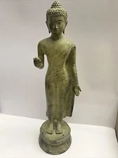 Antique Buddhism Large Standing Thai Cast Bronze Buddha Sukhothai Style 15.5” T