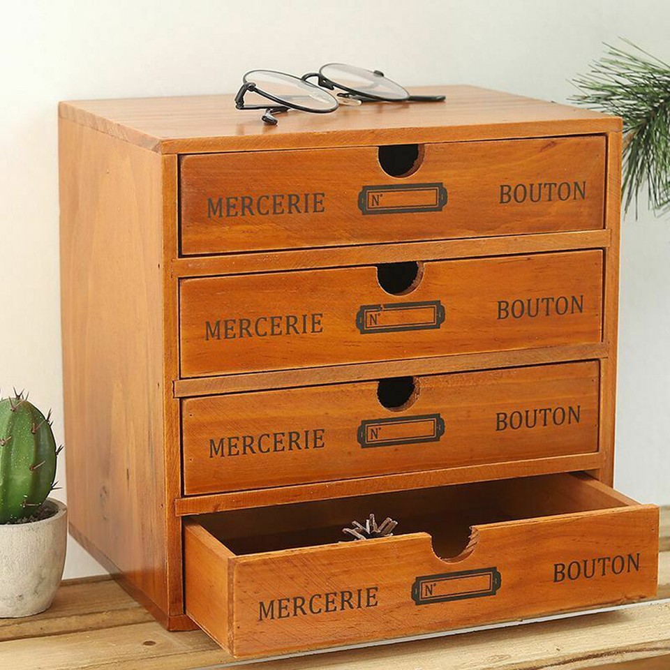 Desk Organizer with 4 Drawers, Vintage Wooden Storage Box Drawer